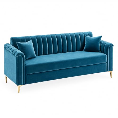 Image of FURNY Dorano 3 Seater Fabric Sofa Set (Aqua Blue) Premium Velvet Finish Durable & Comfortable Ideal for Living Room