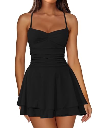 Image of IWD Women's Spaghetti Strap Mini Dress Ruched Corset Tiered Ruffle Hem Sexy Backless Party Club A Line Short Dresses