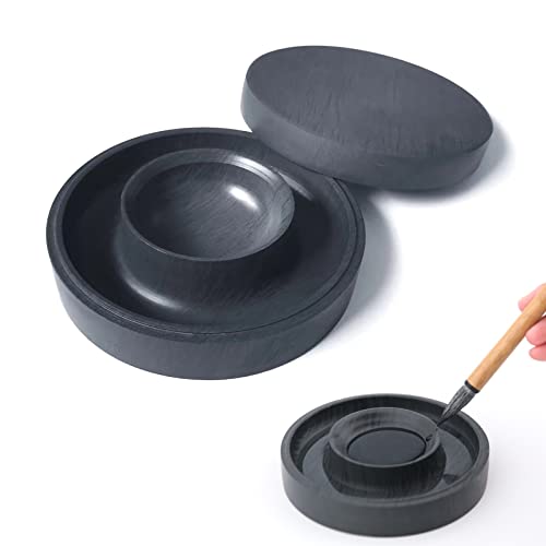 Qi Ming Wen Fang Chinese Calligraphy Inkstone, Sumi Ink Stone with Water Circle Prevent Dry, Dual circle Natural Stone Ink Dish with Lid for Sumi Calligraphy liquid ink & inkstick, Dia. 4.9"