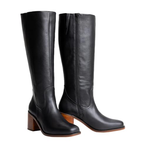 Women's Retro Wide Calf Knee-High Boots With Side Zipper Chunky Heel Square Toe Fashion Leather Boots3