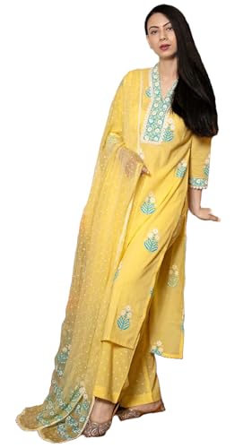 Image of GoSriKi Women's Cotton Blend Straight Hand Block Printed Kurta with Pant & Dupatta | Ethnic Wear for Women | Indian Casual Office Daily Summer Outfit