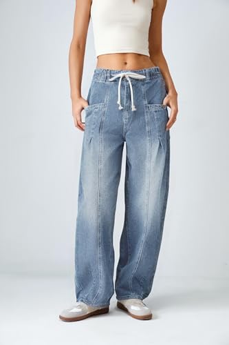 Women Wide Leg Baggy Jeans Elastic Waisted Drawstring Loose Fit Barrel Denim Pants with Pockets2