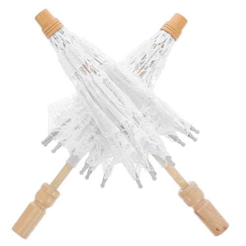 LALADEFIEE Paraguas Elegante de Algodón Blanco 2 Piezas Diseño de Encaje Clásico para Decoración en Fiestas de Té y Disfraces de Novia