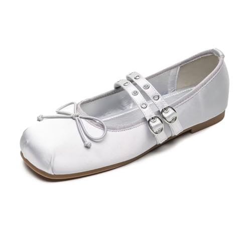 LUXINYU Women Bowknot Mary Jane Satin Ballet Flats Square Toe Double Strap Casual Party Dress Shoes
