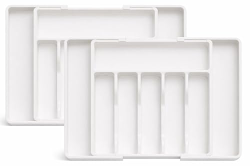 Image of Aroja Utensil Organizer for Kitchen Drawer, Expandable Cooking Silverware Tray, Adjustable Cutlery Flatware Holder, Plastic Spatula Tools Storage Divider (WHITE PACK OF 2)