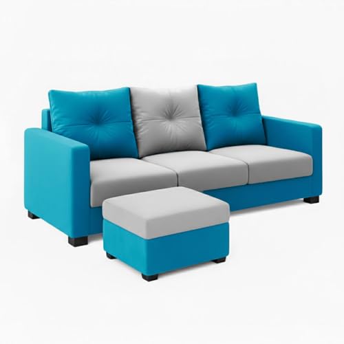 Image of FURNY Amonster 4 Seater L Shape Sofa Set with Movable Ottoman | Flexible Left or Right Layout | Plush Velvet Fabric (Aqua Blue-Light Grey) | Perfect for Living Room, Guest Room & Office