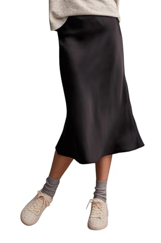 Tribal Women's Pull-on Matte Satin Flowy Midi Skirt with Elastic Waist