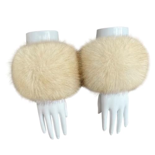 Surakey Winter Faux Fur Arm Warmers, Short Furry Wrist Band Ring Cuff for Women, Artificial Fur Wrist Cuffs Hand Warmers, Beige