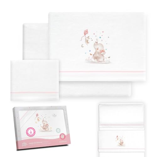 Interbaby - Juego Sabanas Minicuna 50x80 Algodón 100% | Sabana Cuna Bebe Franela, Cálida | Incluye Sabana Bajera, Encimera y Funda de Almohada | Ideal Invierno | Elefante Blanco/Rosa