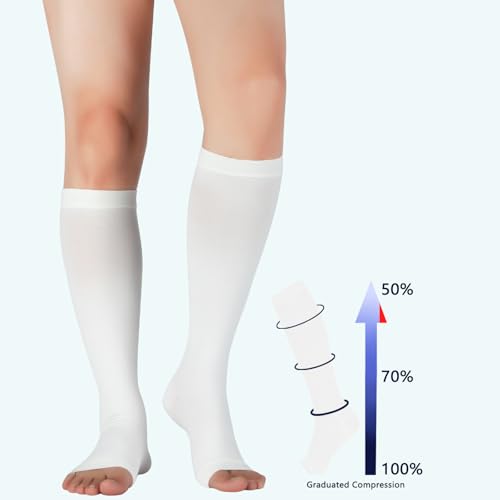 Image of Lin Performance Medical Compression Socks for Women and Men, 20-30 mmHg Open Toe Knee High Stockings, Leg Support for Daily & Travel Comfort (L,White)