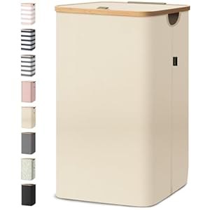 BALEINE Laundry Hamper with Lid, Tall Laundry Baskets with Bamboo Pull Handles, Large Laundry Bin with Internal Support (26 Gal/100L, Beige)