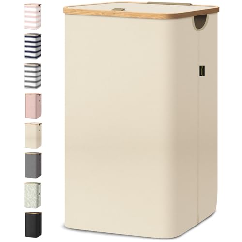BALEINE Laundry Hamper with Lid, Tall Laundry Baskets with Bamboo Pull Handles, Large Laundry Bin with Internal Support (26 Gal/100L, Beige)