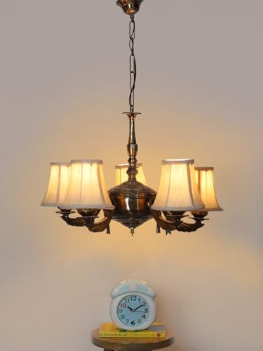 Image of Devansh 05-Light Conical Off-White Cotton Shade Chandelier - Antique Golden Finish | Adjustable Cord | Warm Glow Lamp - Ceiling Light for Living Room, Dining Area, Bedroom & Entryway Decor - D11