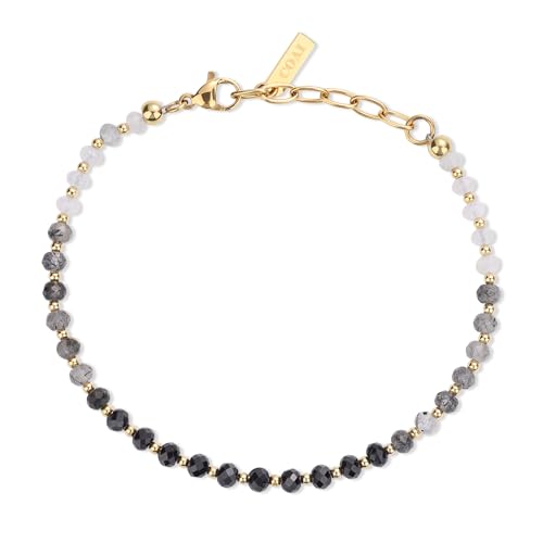 COAI Bracelet Perle Femme, Bracelet Spinelle Noire/Quartz Rutile Noir/Pierre de Lune Femme