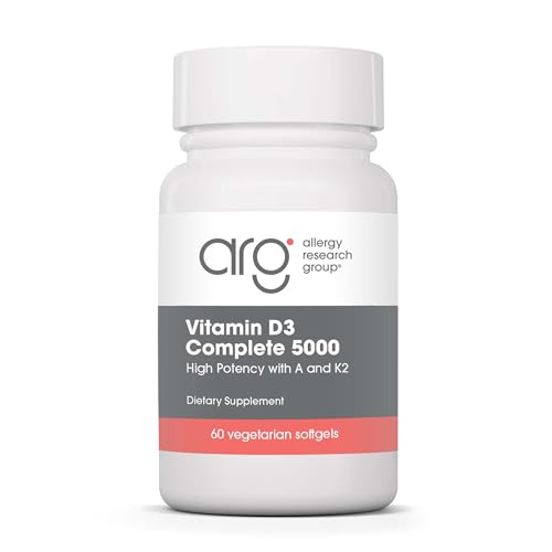 Allergy Research Group Vitamin D3 Complete 5000 IU - Vitamin D3 and K2 Supplement, Daily Balance, with Vitamin A, DeltaGold Tocotrienols, High Potency, Veggie Softgels - 60 Count
