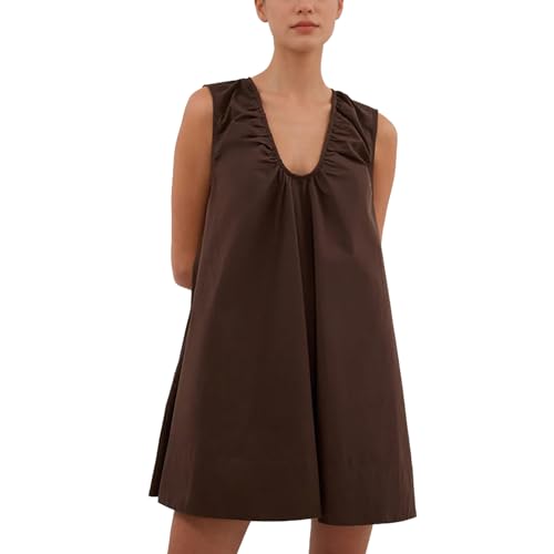 Womens Summer Sleeveless Mini Dress Babydoll Cotton Short Tank Dress Scoop Neck Beach Bubble Dresses with Pockets