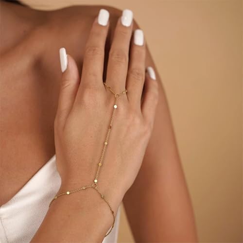 Image of Long tiantian Hand Chain Bracelet Gold Link Finger Ring Slave Bracelet