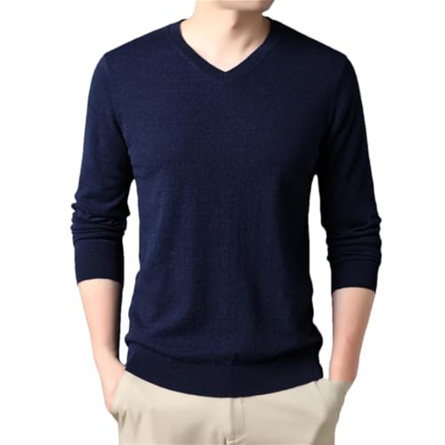 Men V-Neck Pullovers Thick Warm Knitwear Cashmere Sweaters(Navy Blue,Large)