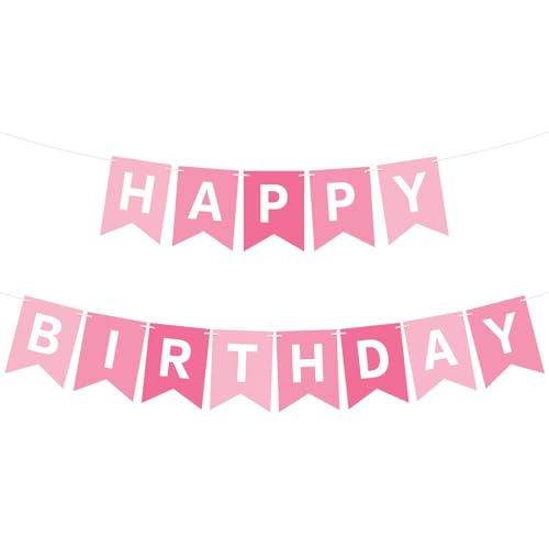 Image of Happy Birthday Banner Pink Birthday Party Banner Garland Sign for Kids Girls Baby 1st Birthday Tea Party Decorations Bunting Flag Spa Birthday Party Supplies