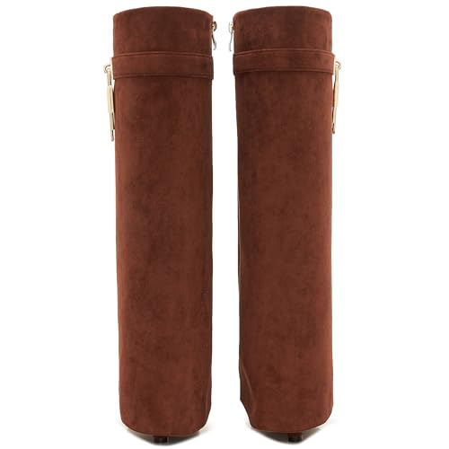 Image of Fold Over Boots for Women Pointy Pull-on Wedge Heel Knee Shark Boot With Side Zipper Padlock Design