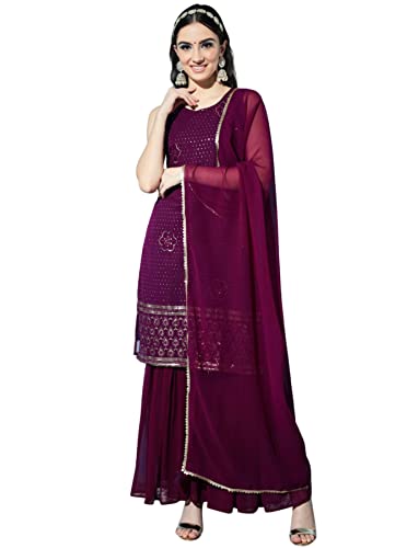 Women's Georgette Embroidered Kurta and Sharara & Dupatta Set