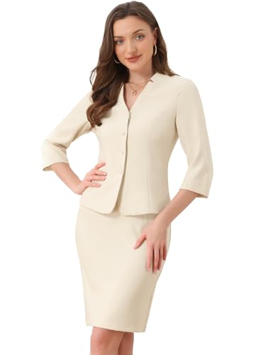 Allegra K 2 Piece Suit Skirt Set for Women's Notched Collar Casual Business Skirt Suit Set and Blazer Pencil Skirts