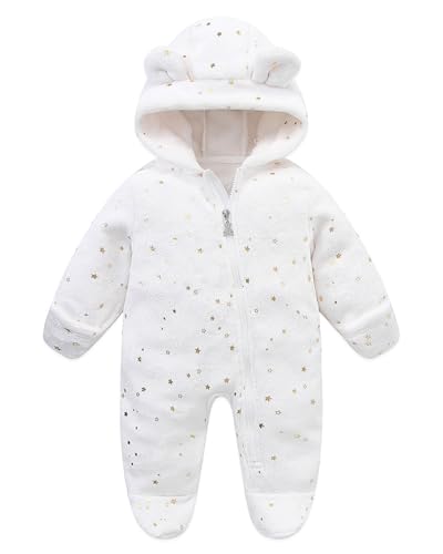 WYTbaby baby snödräkt fleece sparkdräkt med huva fot jumpsuit varm höst vinterkläder för baby flickor pojkar 0-12 månader, Vitt, 0-3 Months