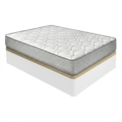 Duérmete Online - Pack Colchón Viscoelástico Marko Reversible + Canapé Madera Abatible Gran Capacidad | Color Blanco 135 x 190