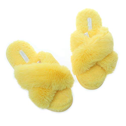 Slippers for Women Fashion Cross Band Plush Anti-Skid Memory Foam Slip On Fuzzy Slides Indoor Outdoor (9-10 L US, Yellow)