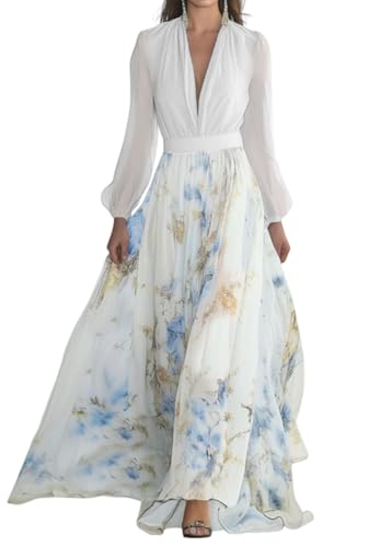ORANDESIGNE Sommerkleid Damen Lang Chiffonkleid Langarm Blumenkleid V-Ausschnitt Cocktailkleid Hohe Taille Maxikleid mit Gürtel A Weiß 3XL