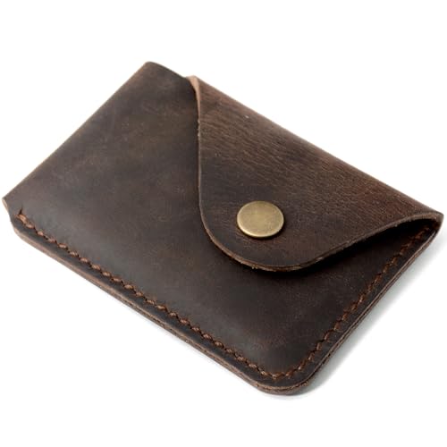 Handmade Genuine Leather Card Holder with Brass Snap Closure, Double-Needle Stitched Slim Minimalist Front Pocket Wallet (Dark Brown) by Generic - Used condition - Image 2