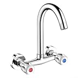Grifo de cocina de pared de cobre con doble mango para mezclar agua fría caliente y boquilla giratoria que soporta el alcance completo del fregadero (A)