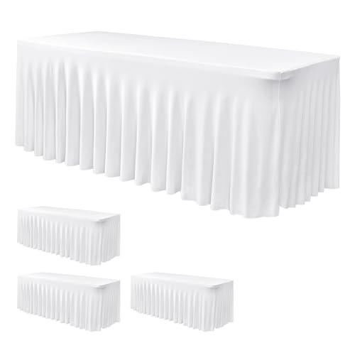 Image of White Spandex Table Skirt for 8 Foot Rectangle Tables 4 Pack 96x30 In | Stretch Fitted Table Covers, Wrinkle Free Ruffle Design Tablecloths for Wedding Banquets,Party, Banquet, Birthday, Events