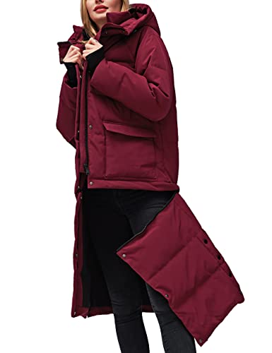 YISEVEN Women's Lightweight Waterproof Detachable Thickened Down Jacket Hooded Knee Length Long Parka Coat Packable Puffy Quilted Lined Warm for Cold Winter Outdoor Travel Prime Gift, Size L Wine Red