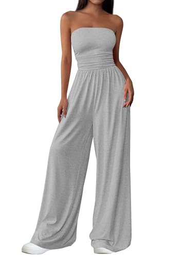 PRETTYGARDEN Womens Trendy Strapless Rompers 2026 Ruched Tube Top Wide Leg One Piece Jumpsuits Beach Vacation Summer Outfits, Grey, Large