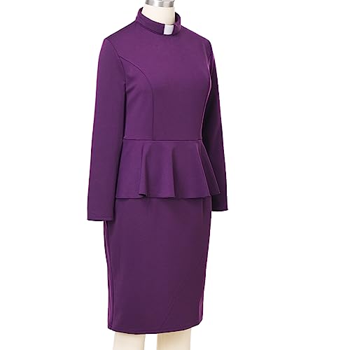 Image of FAD-4U Church Clergy Dress for Women Minister Long Sleeve Ruffle Slim Pencil Dress with Tab Insert Stand Collar