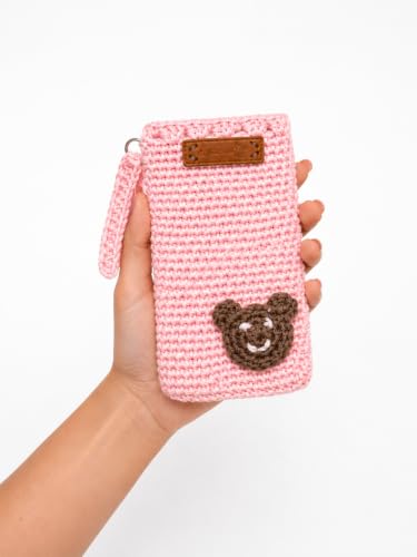 Image of Handmade Crochet Mobile Pouch for Women & Girls | Knitted Phone Holder with Wrist Strap | Cute Floral Aesthetic Mobile Cover Case | Soft Yarn Handmade Gift (Pastelpink)