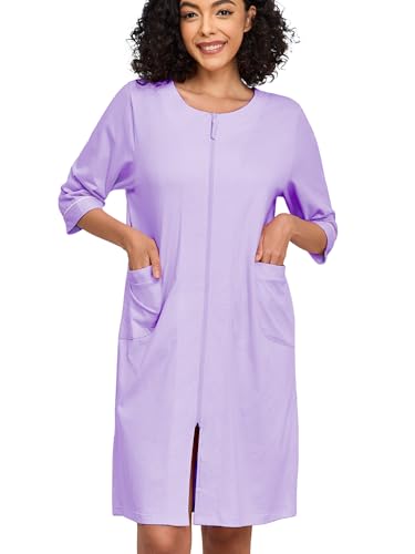 EA'S SECRET Women 100% Cotton Robe Summer Short Sleeve Zip Front Robes Soft Knit Lightweight Bathrobe 1Piece(Light Purple,M)