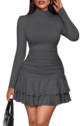PRETTYGARDEN Women's Y2K Ruffle Layered Bodycon Mini Dress,Grey,XL