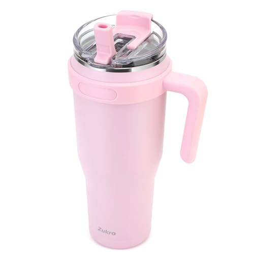 Zukro 50 oz Mug Tumbler With Handle And Flip Straw, Leakproof Vacuum Insulated Stainless Steel Cup Water Bottle with 2-in-1 Lid,Large Travel Mug Fit in Cup Holder, Keeps Cold for 30 Hours, Sakurapink