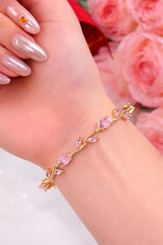 Image of Trendy Tulip Bracelet for Women | Gold Plated Pink Crystal Floral Bracelet | Elegant Minimalist Jewelry | Adjustable Chain Bracelet Gift for Girls Women | Stylish Party Daily Wear Accessory