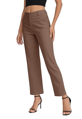 EXCHIC Damen Komfortabel Dehnbar Gerade Bein Freizeit Hosen Hohe Taille Arbeitshose mit Taschen(M, Tiefer Kaffee)