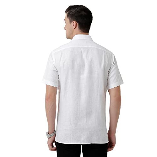 Image of Linen Club Men's Pure Linen White Solid Slim Fit Half Sleeve Casual Shirt