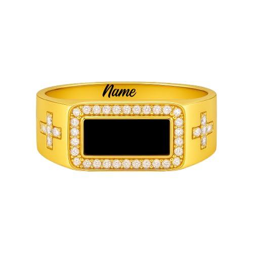 14K Gold 2.0Ct Black Onyx Ring for Men 10K/14K/18K Real Gold Long Square Cut Natural Signet Ring with Moissanite for Him Engagement Fathers Day Graduation Husband
