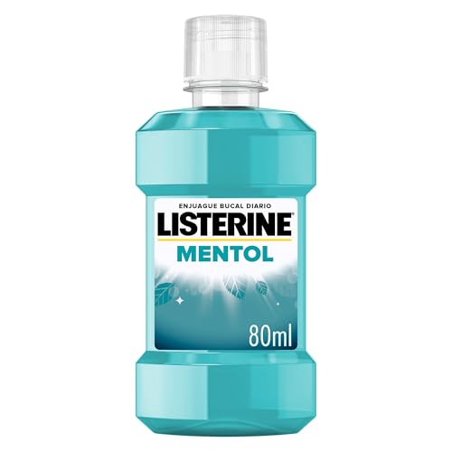 Listerine Mentol 80 ml, enjuague bucal con flúor, colutorio bucal con 24 horas de protección, elixir bucal mentolado para un aliento fresco duradero