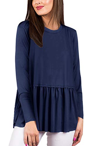 Women Flowy Ruffle Blouse Shirt Tunic Peplum Casual Long Sleeve Tiered Tops Navy XXL