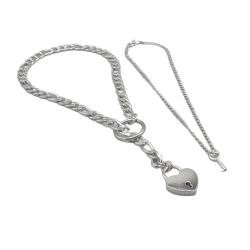 Collier avec serrure et clé cœur acier inoxydable chaîne cubaine punk rock style