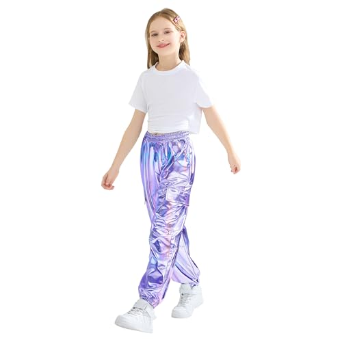 Image of Rolanko Girls Shiny Metallic Cargo Pants, Sparkle Jogger Pants for Girls Hip Hop Dance Streetwear Cargo Trousers 6-15 Years