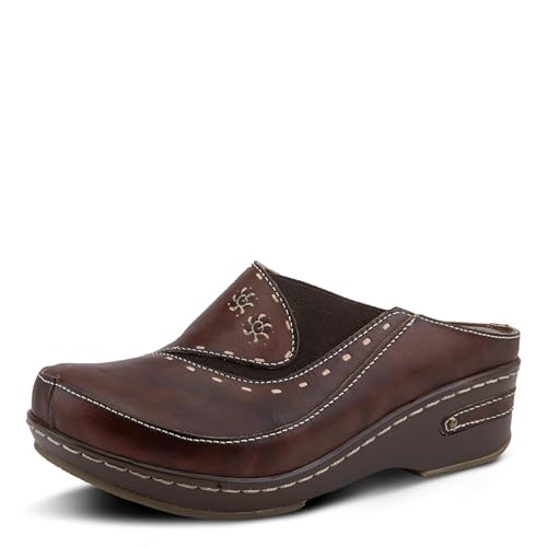 Spring Step L’Artiste Women’s Chino Leather Clog– Hand-Painted Open-Back Clogs Round Toe Elastic Side Arch Support Memory Foam with 2