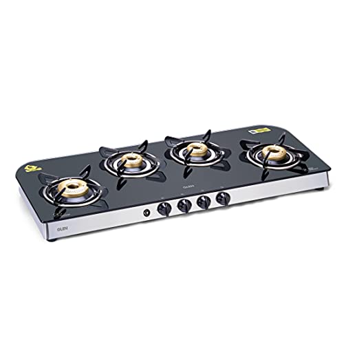 Glen 4 Burner 8 MM Toughened Glass Top | LPG Gas Stoves Extra Wide | Black|Silver | Forged Brass Burners...